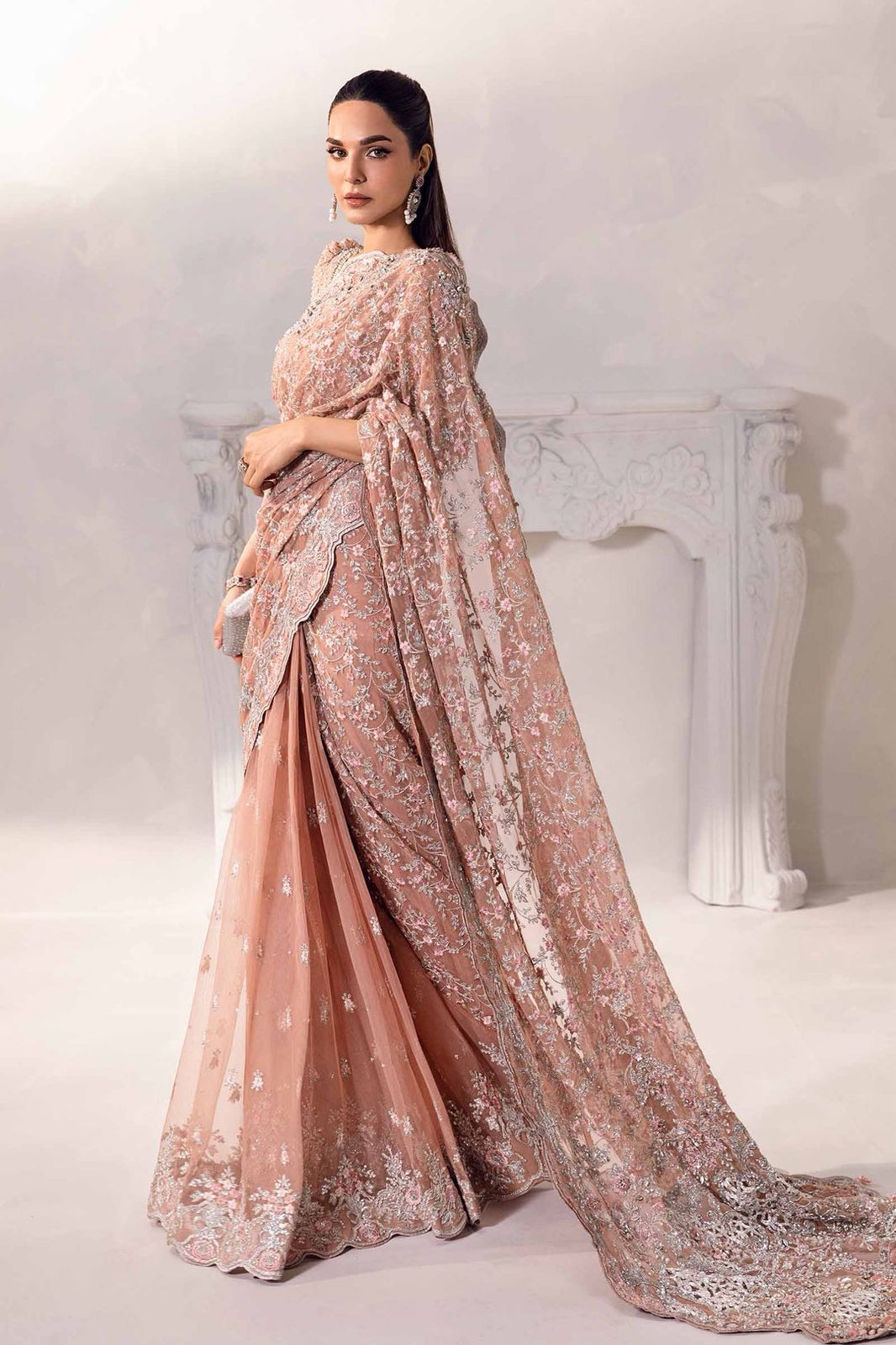 Peach embroidered Pakistani saree