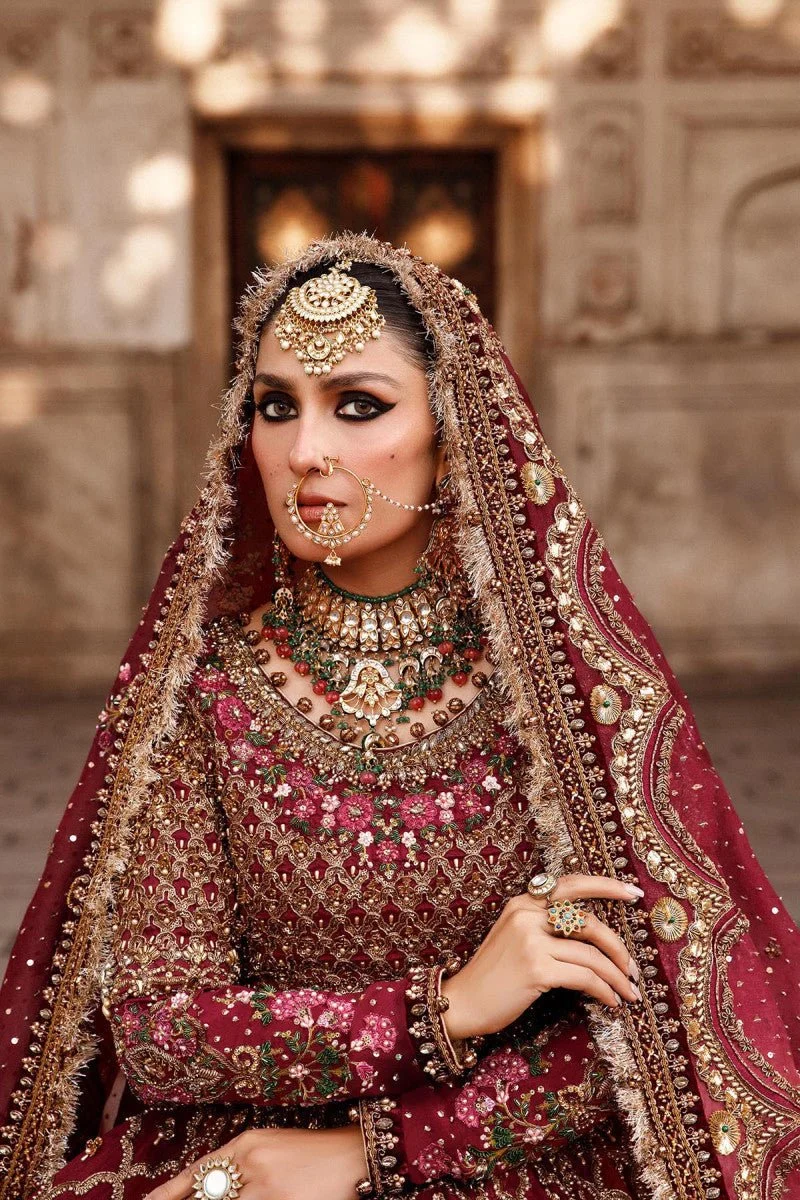 Maroon embroidered lehenga with embellished dupatta