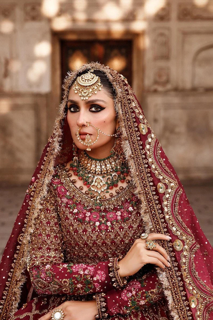 Maroon embroidered lehenga with embellished dupatta