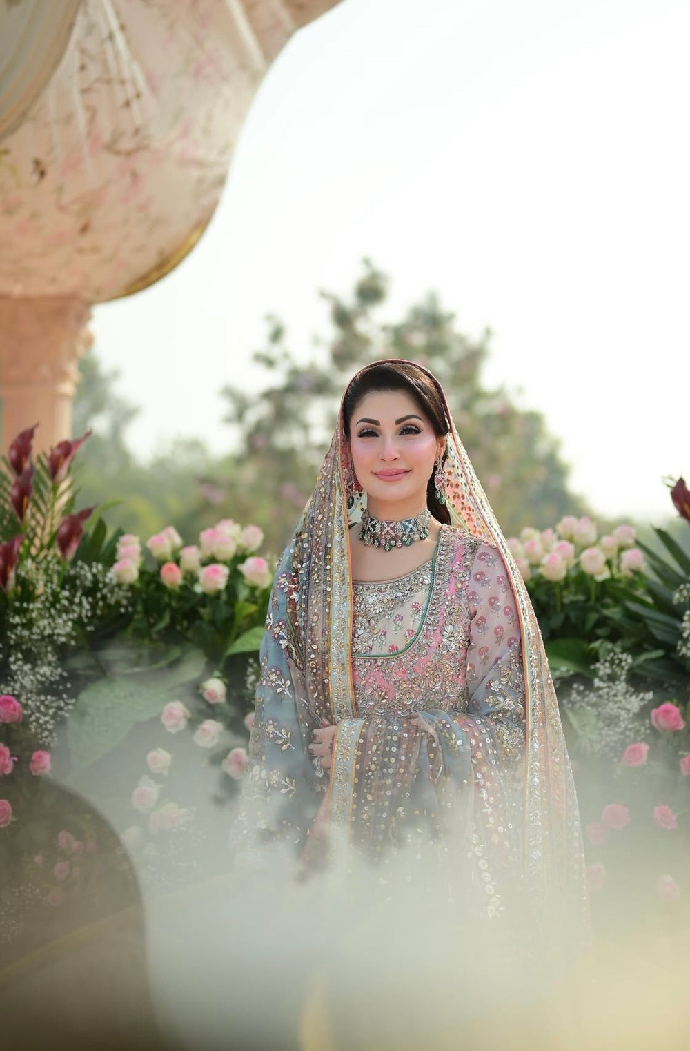 Pastel pink and mint embroidered Pakistani ensemble