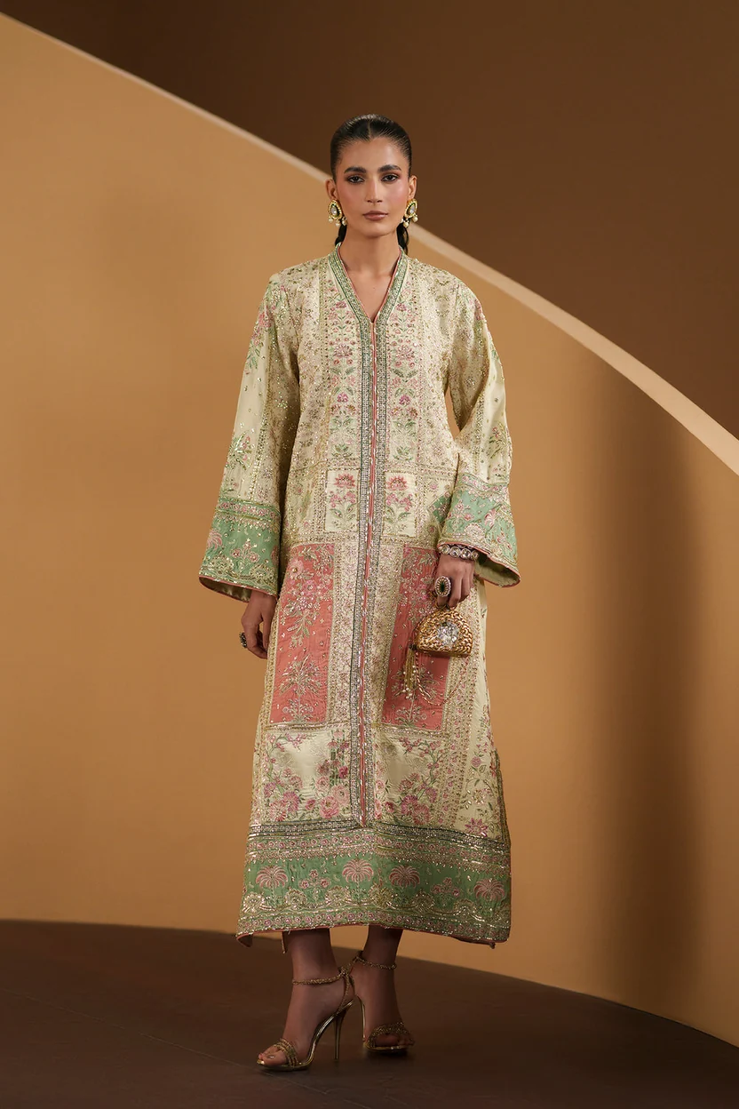 Sage green embroidered Pakistani kaftan kameez with trousers
