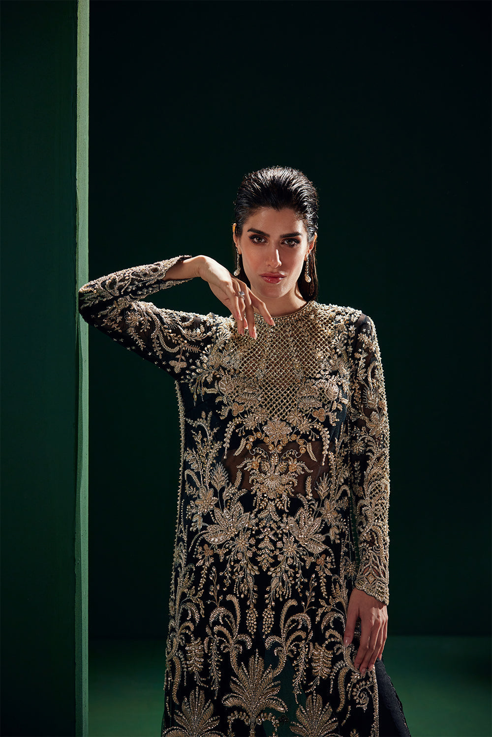 Black gold Pakistani formal wedding outfit
