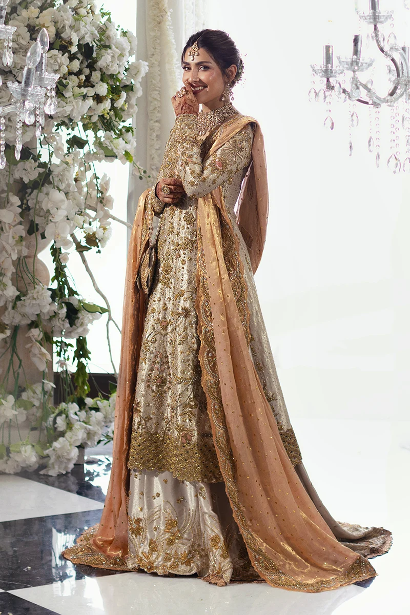 Champagne-gold long shirt with antique-gold floral embroidery