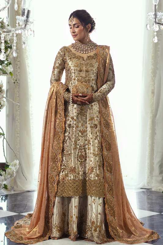 Mina Hasan Afsaneh champagne-gold embroidered bridal ensemble