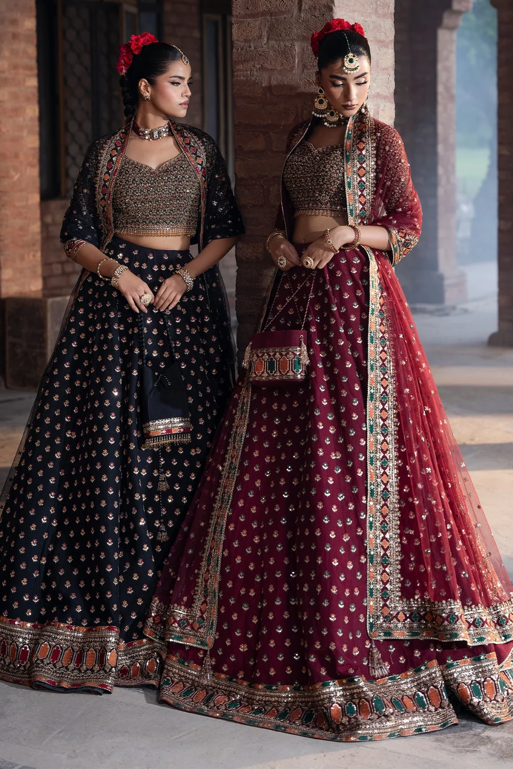Black lehenga with antique gold red and green handwork