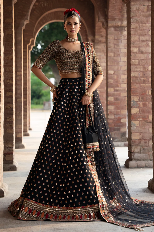 Mina Kashif Fizza black embroidered lehenga