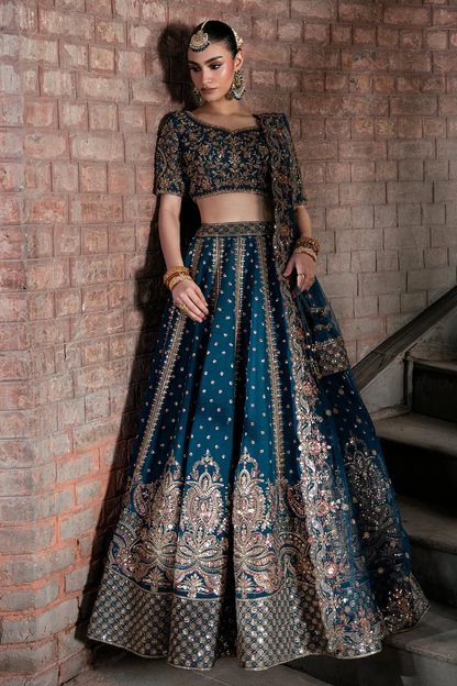 Tabassum teal blouse with gold and muted-pink floral embroidery