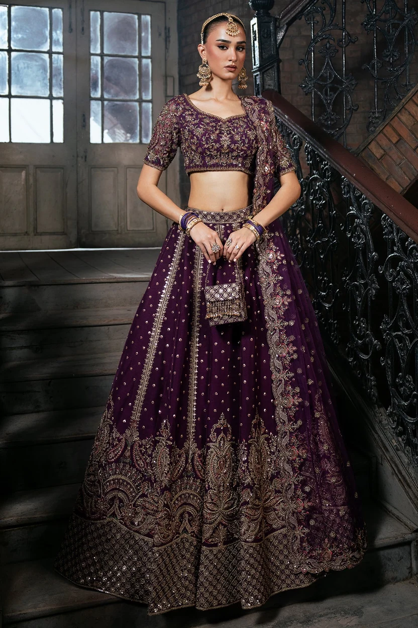 Mina Kashif Zarnoor dark purple Pakistani bridal lehenga choli