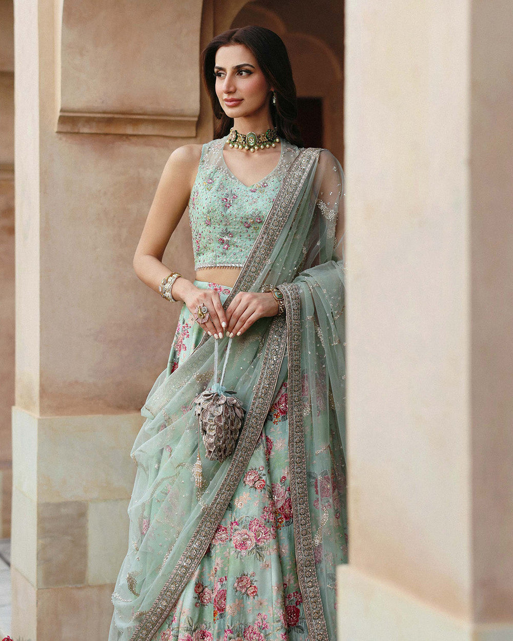 Mint green embroidered lehenga with sheer dupatta