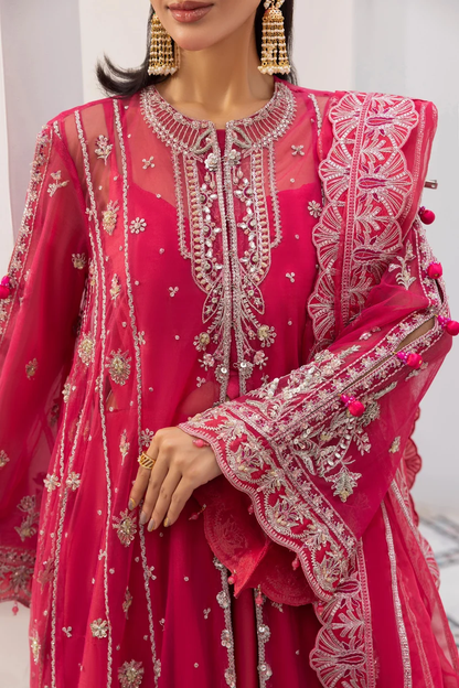 Pink organza dupatta with four-sided embroidered borders