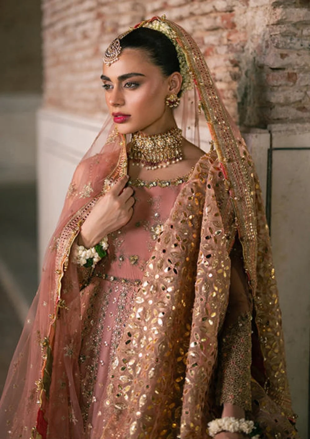 Blush pink embroidered peshwas with coordinated dupatta