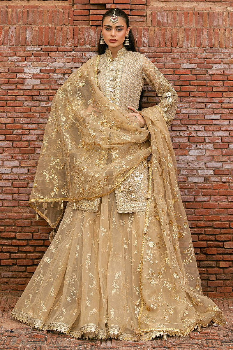 Olive gold organza jacket with printed sharara