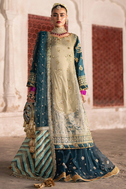 Mohsin Naveed Ranjha Lehar deep teal and antique gold ensemble