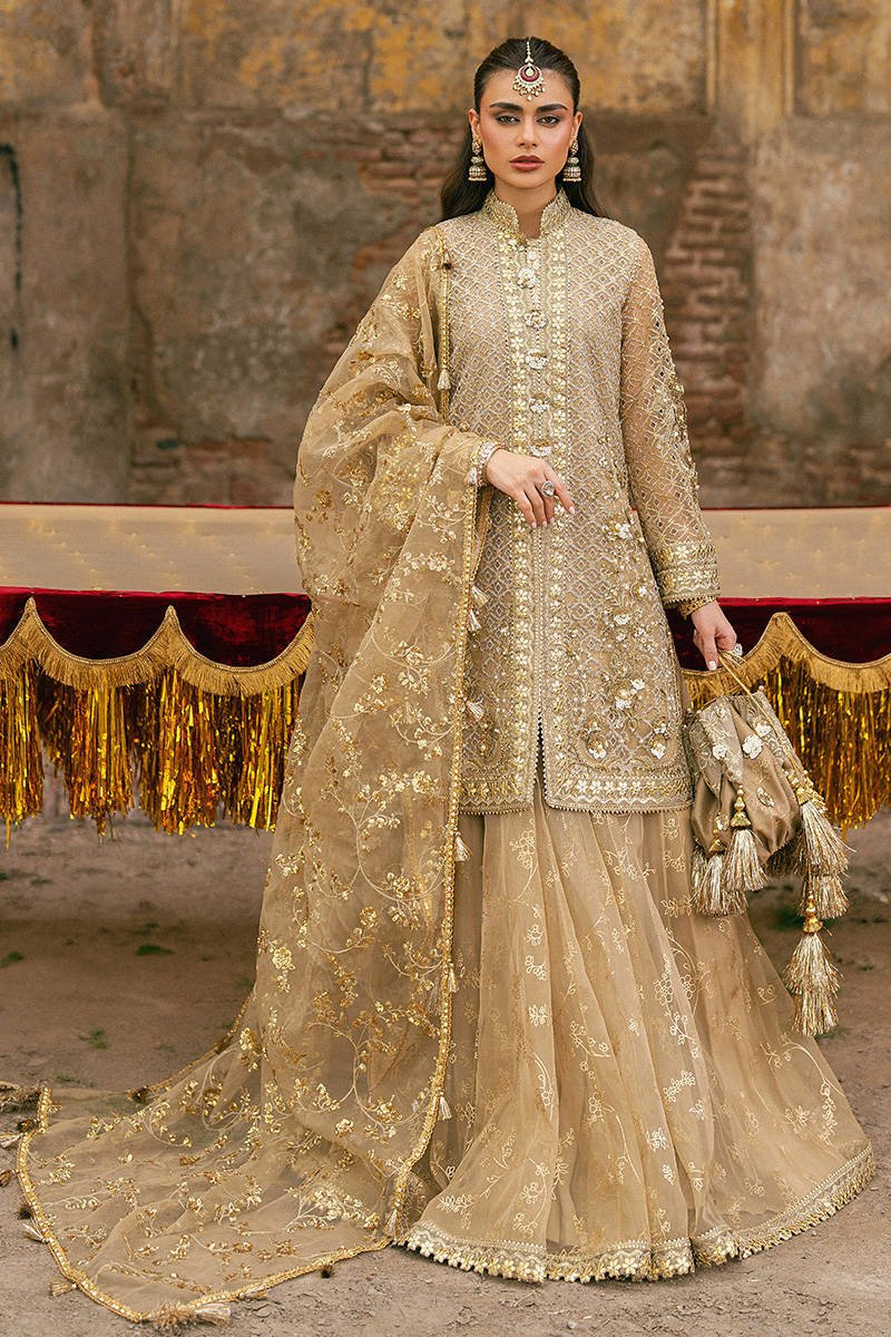 Mohsin Naveed Ranjha Roshni olive gold embroidered ensemble