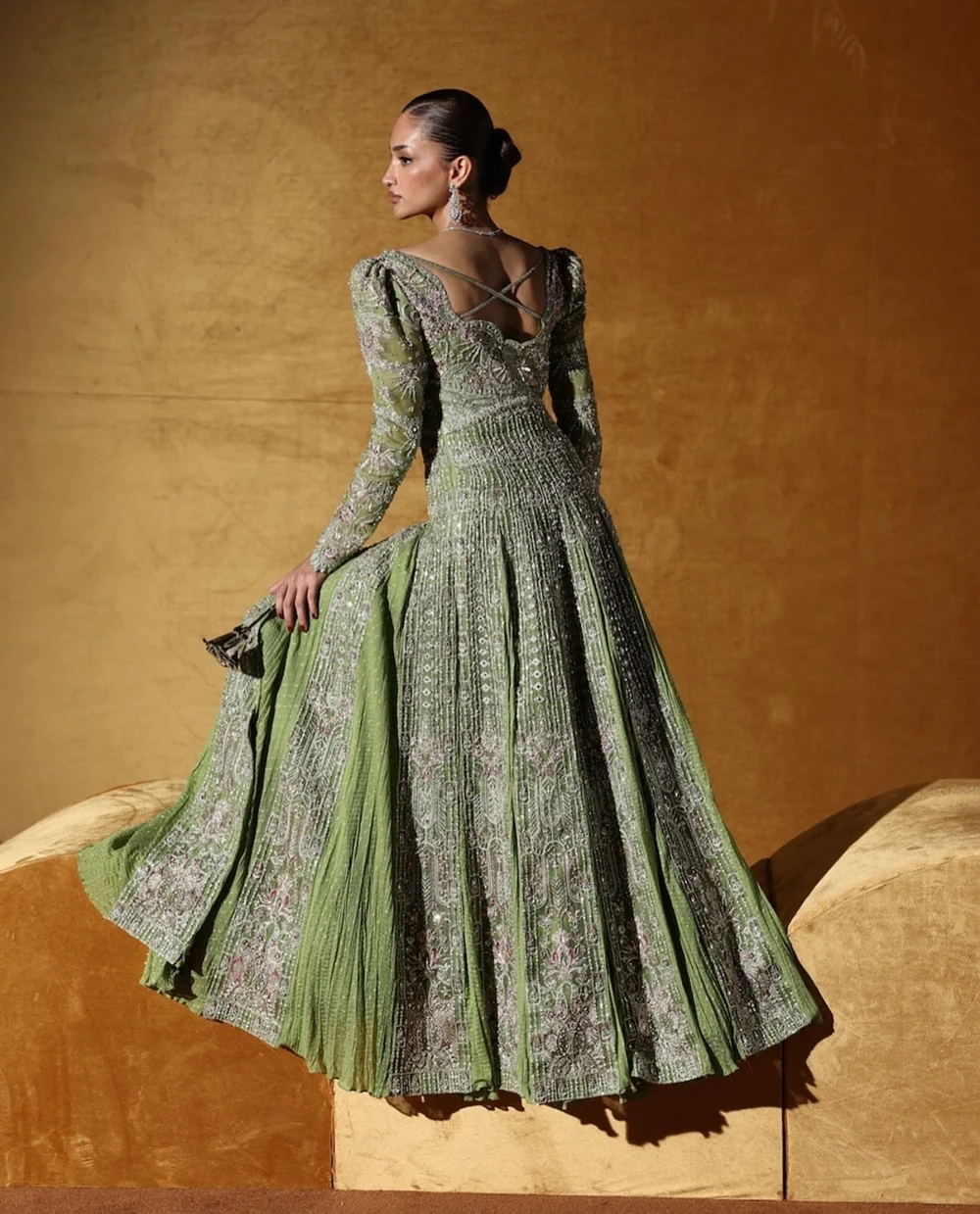 Moss green embellished outfit with embroidered dupatta