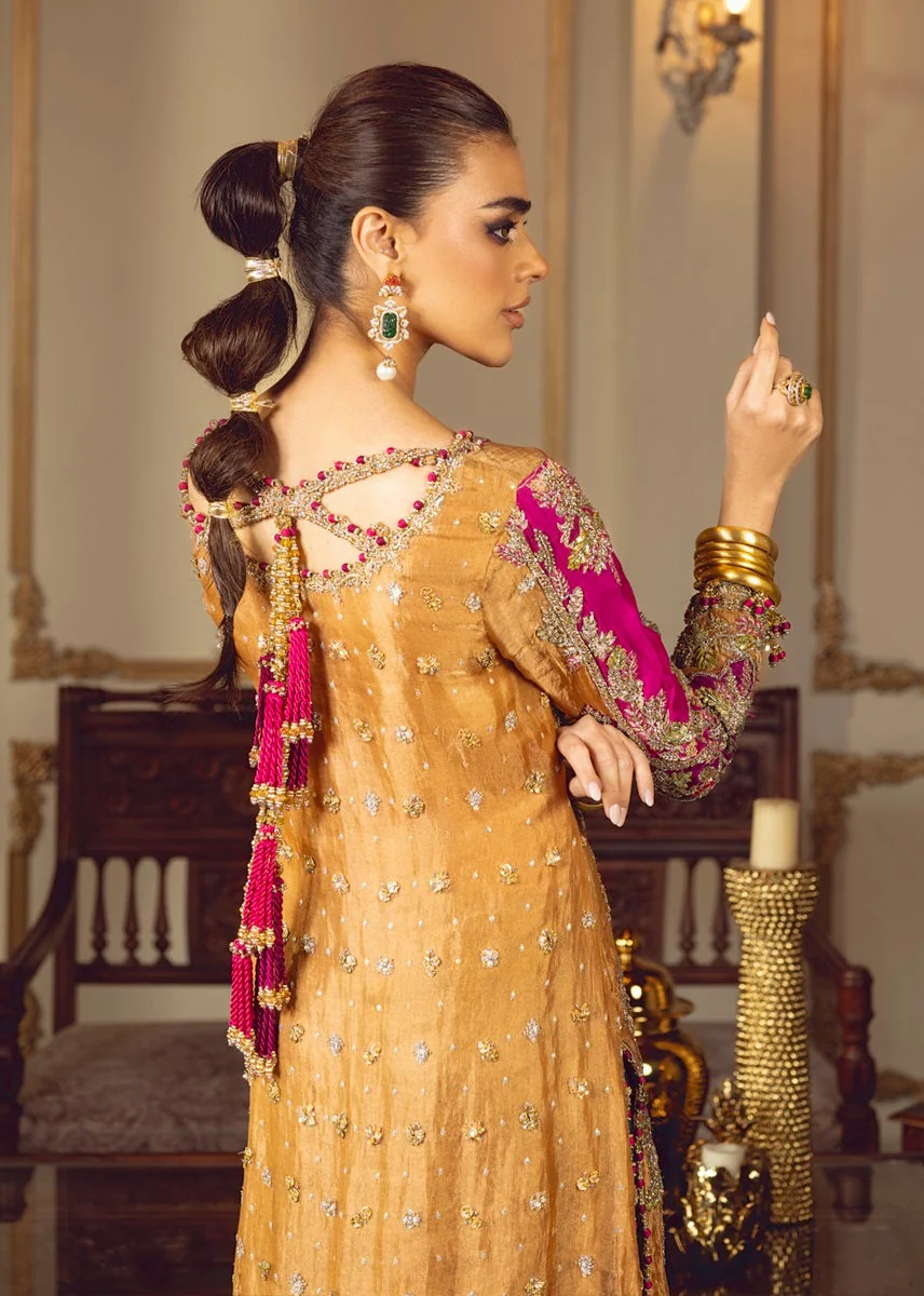 Mustard gold linen rayon embroidered ensemble