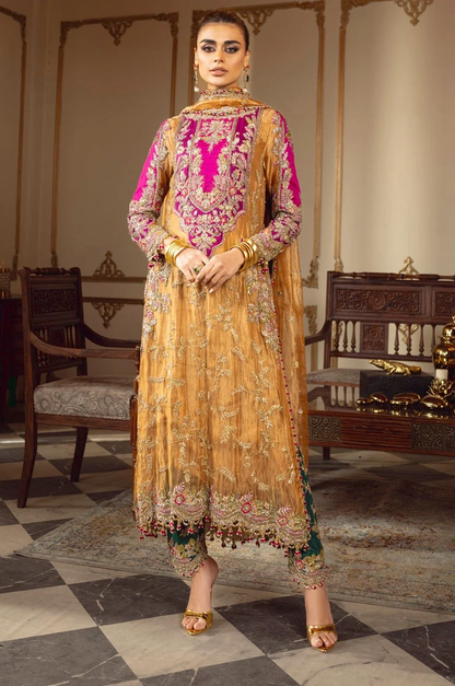 Mustard gold shirt with magenta floral handwork