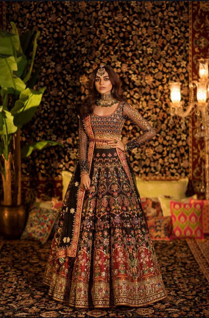 Black and mehroon embroidered bridal lehenga