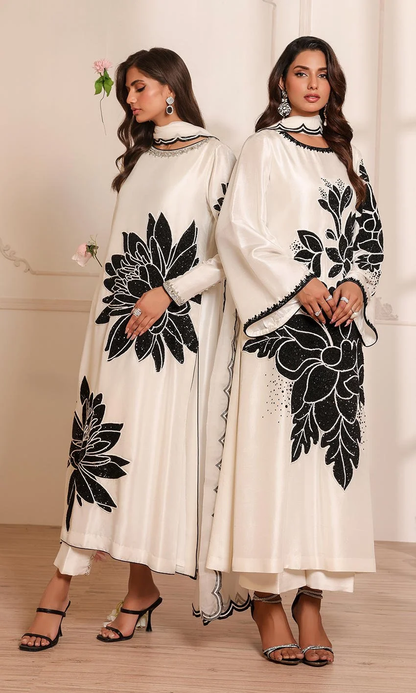 White raw silk shirt with black floral handwork