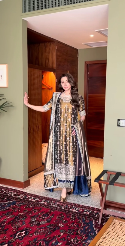 Olive embroidered Pakistani wedding guest outfit