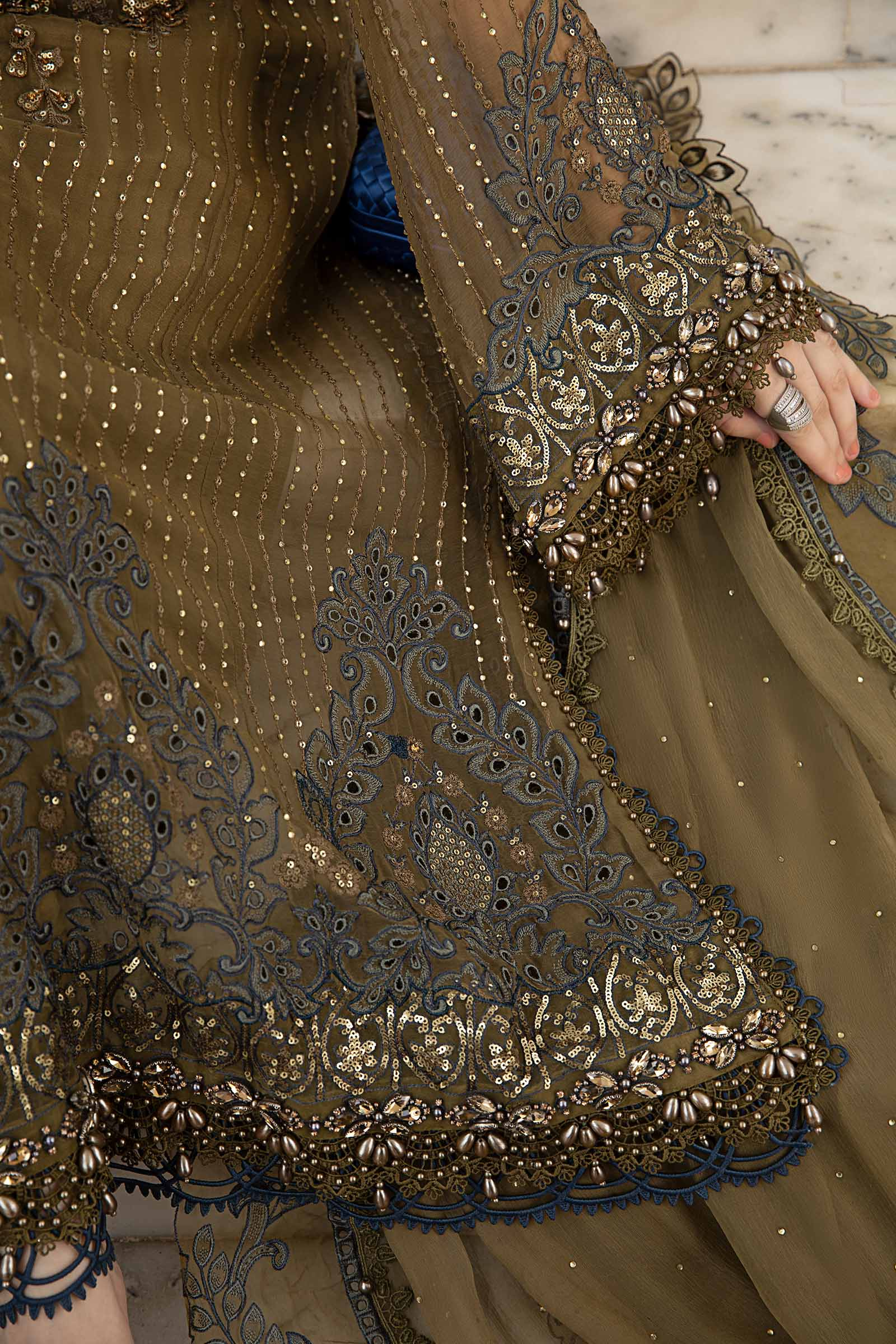 Olive green Pakistani formal suit with embellished dupatta