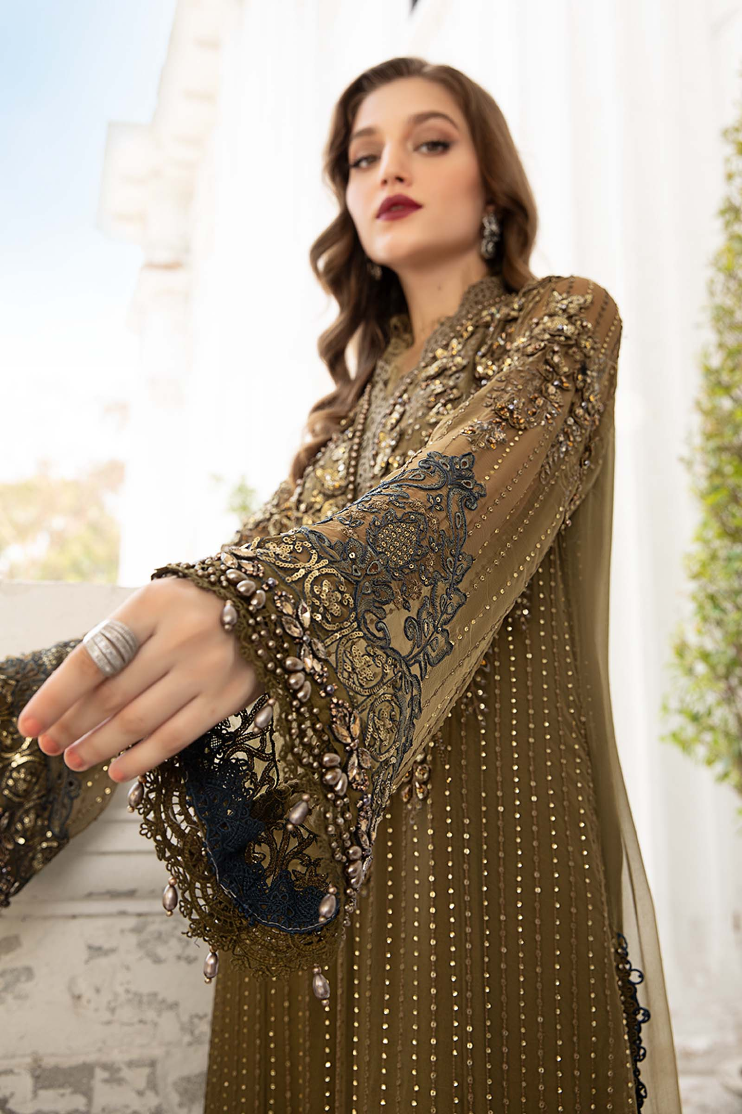 Olive green chiffon shirt with diamanté embroidery