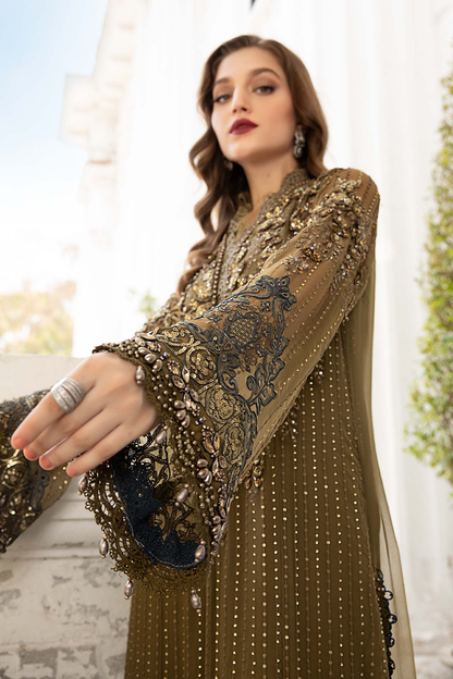 Olive green chiffon shirt with diamanté embroidery