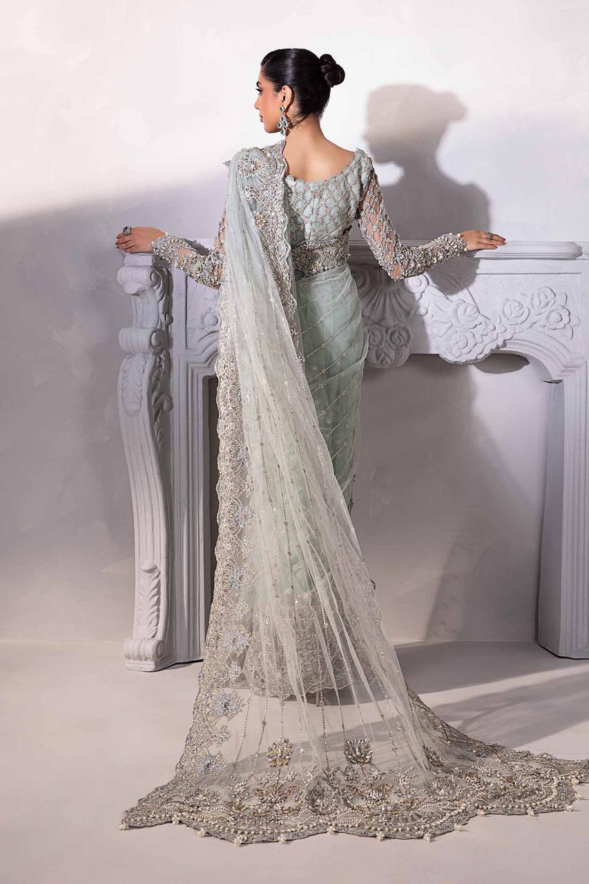 Sage silver formal saree with detailed embroidered pallu