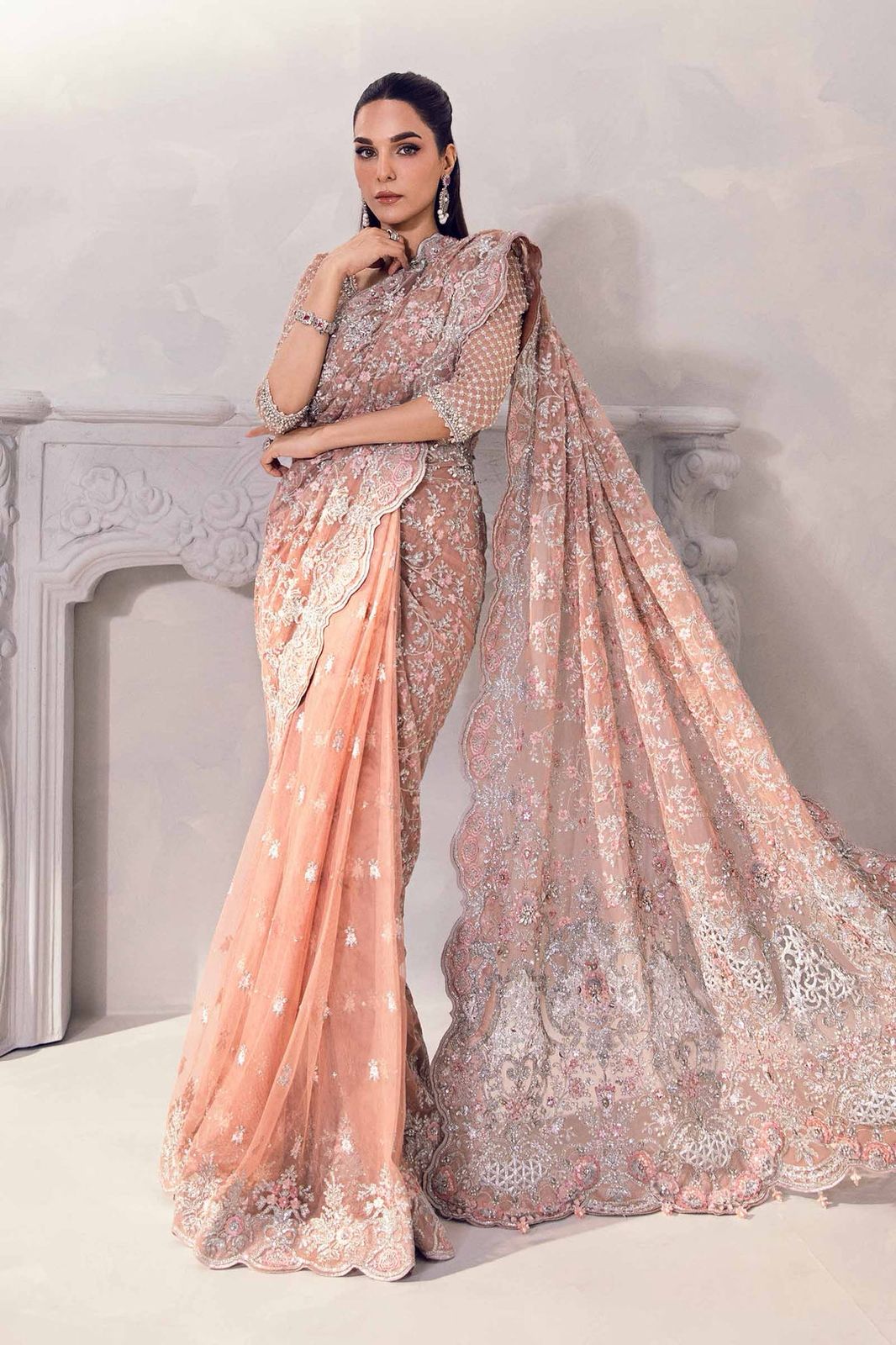 Designer inspired peach formal saree