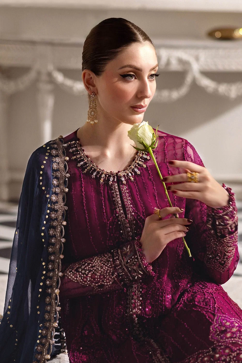 Magenta designer inspired 3 piece chiffon suit