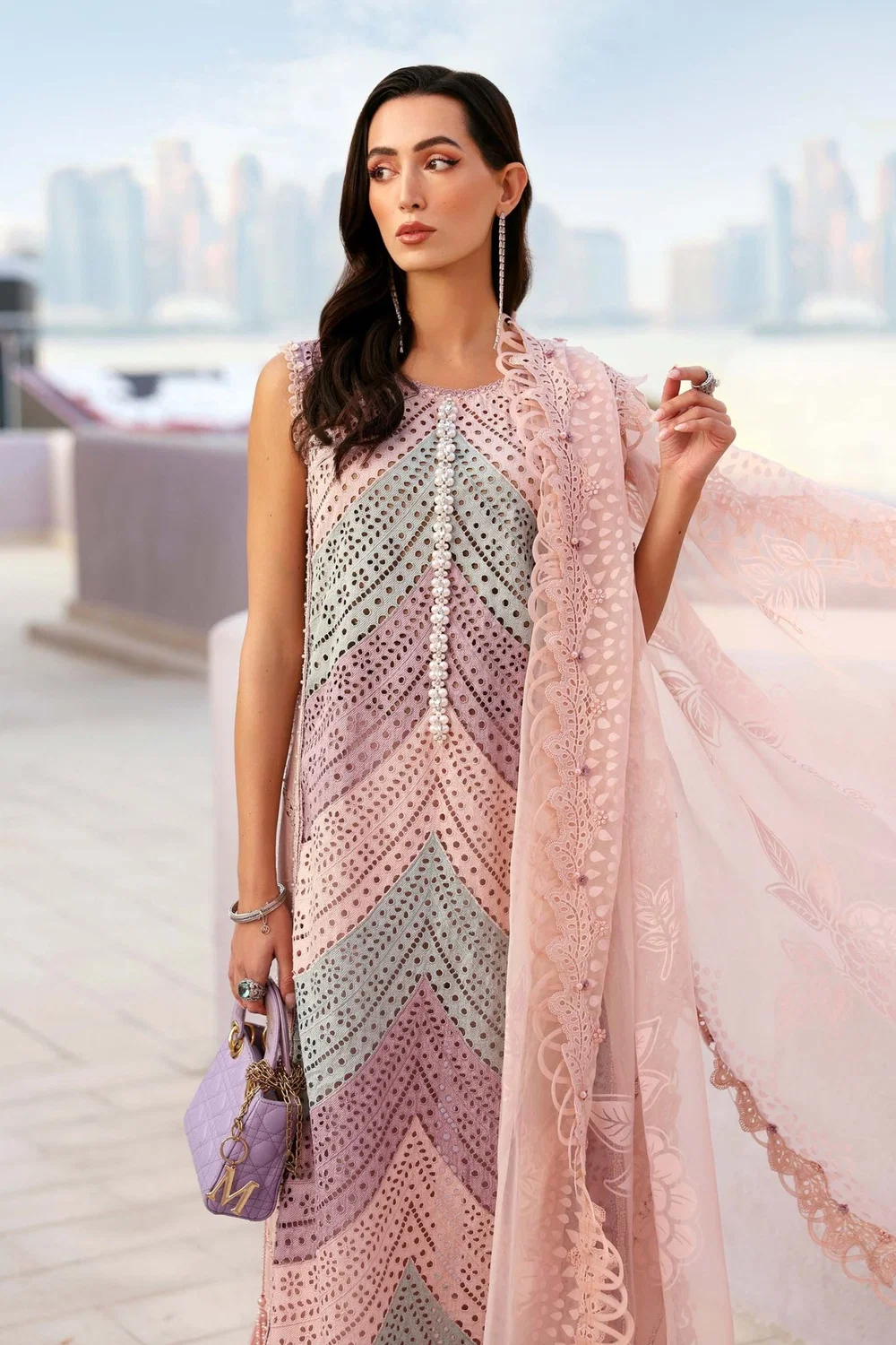 Pink embroidered formal suit with lace dupatta