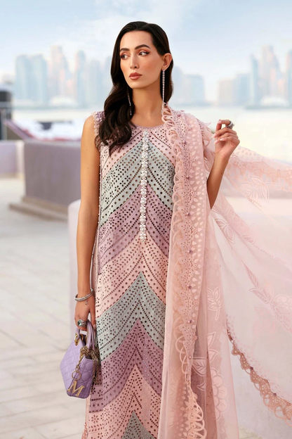 Pink embroidered formal suit with lace dupatta