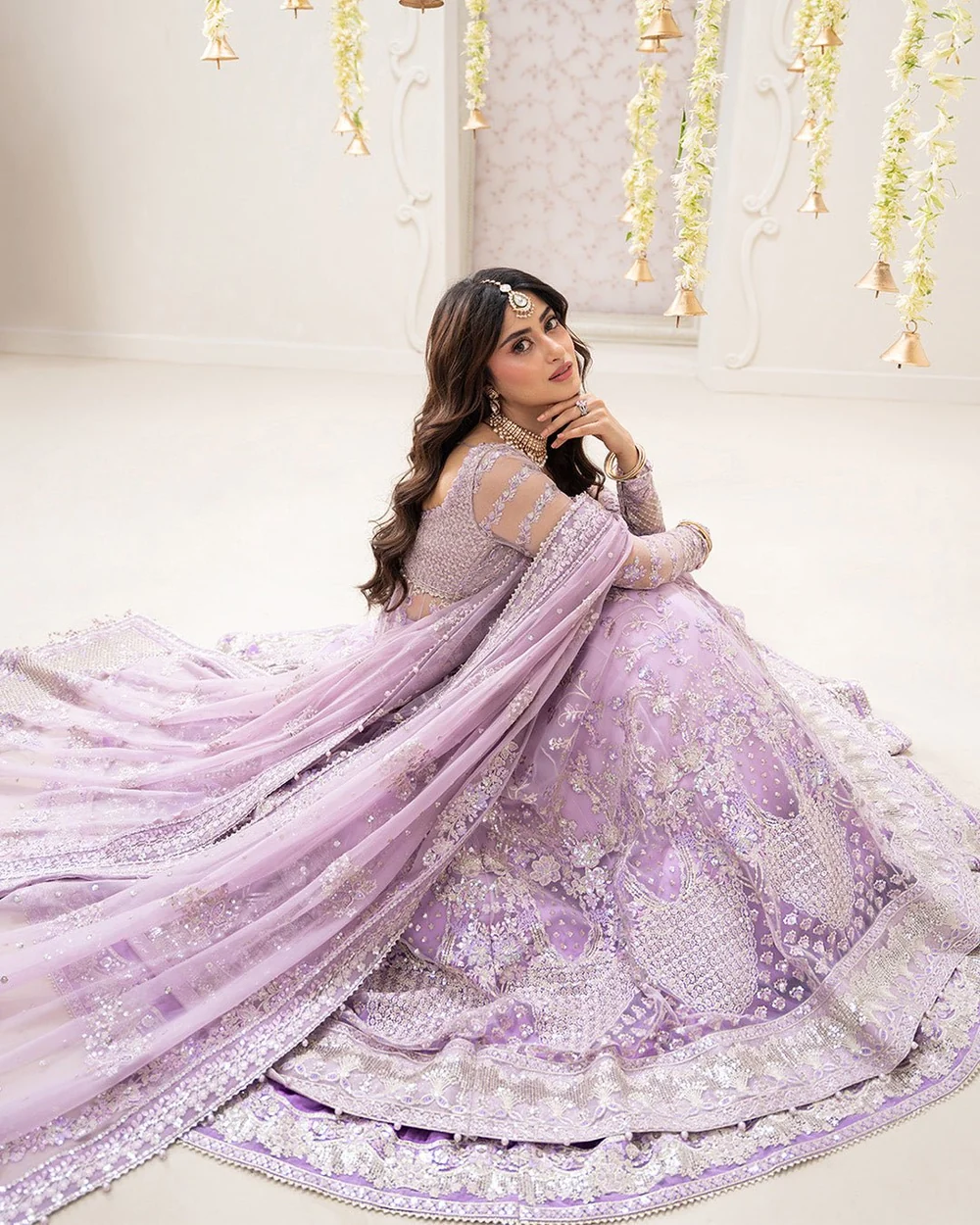 Lilac Pakistani embroidered pishwas with dupatta