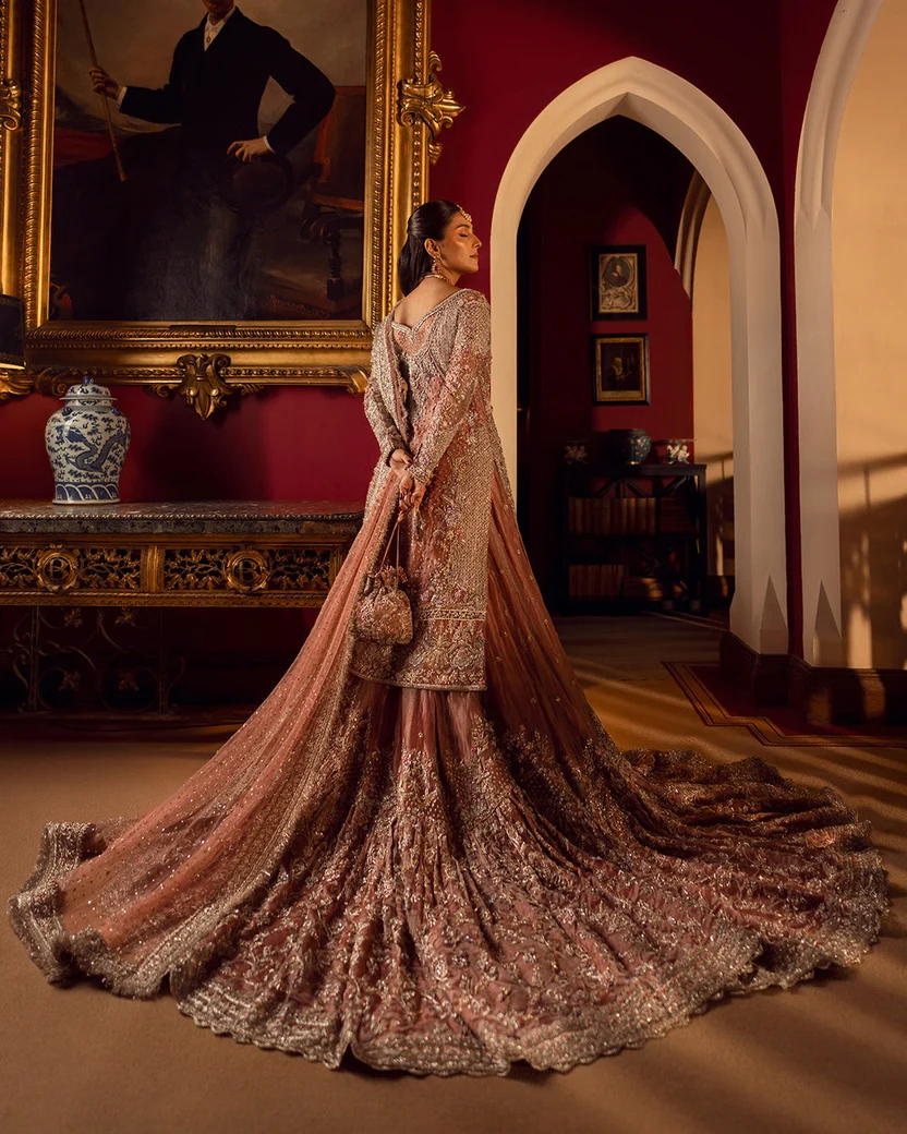 Pink farshi lehenga featuring gold kora dabka and beadwork