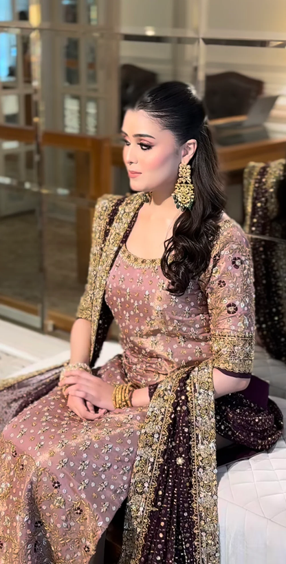 Pink and purple formal dress featuring zardozi and dabka craftsmanship