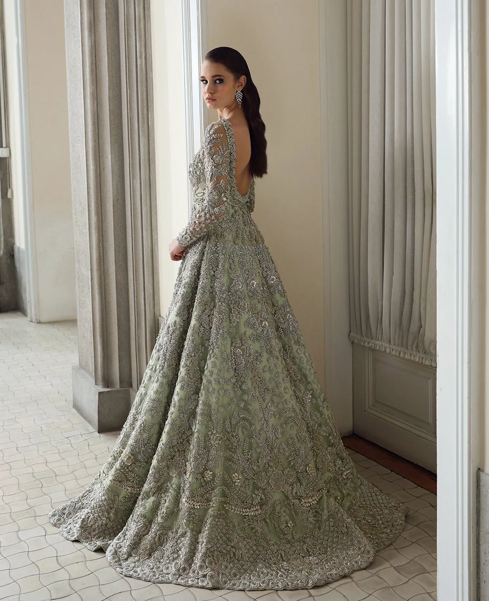 Pistachio green embroidered flared formal ensemble