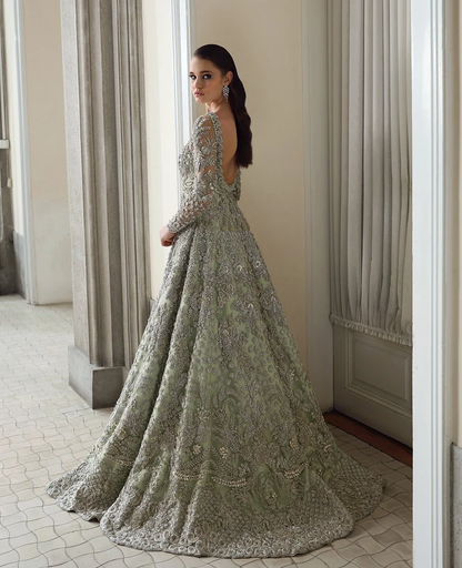 Pistachio green embroidered flared formal ensemble