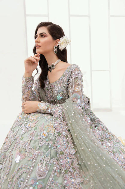 Pistachio green formal dress with rose pink embroidery