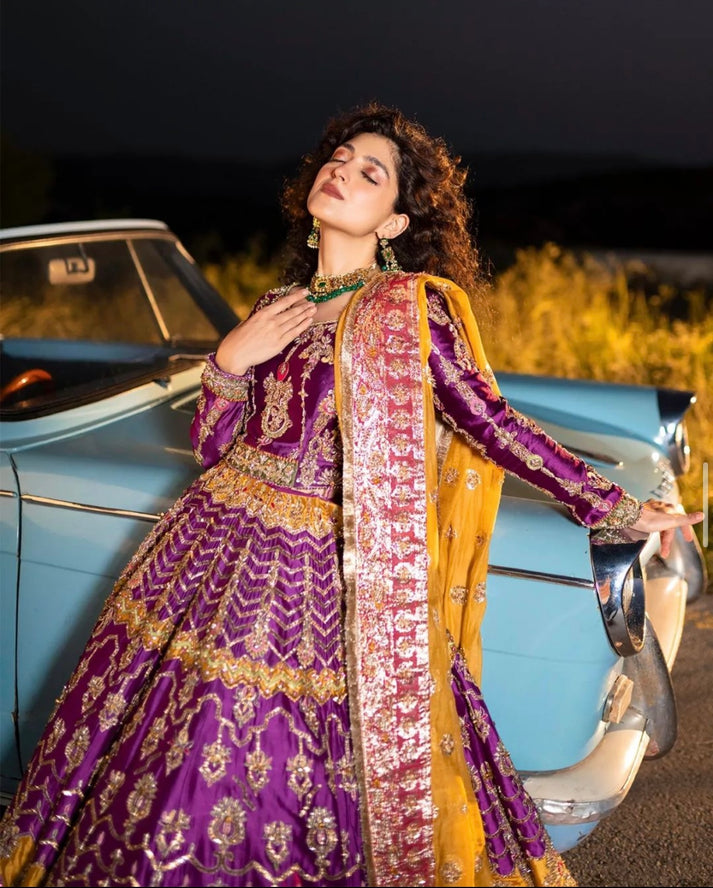Adaa purple embroidered formal outfit with yellow dupatta