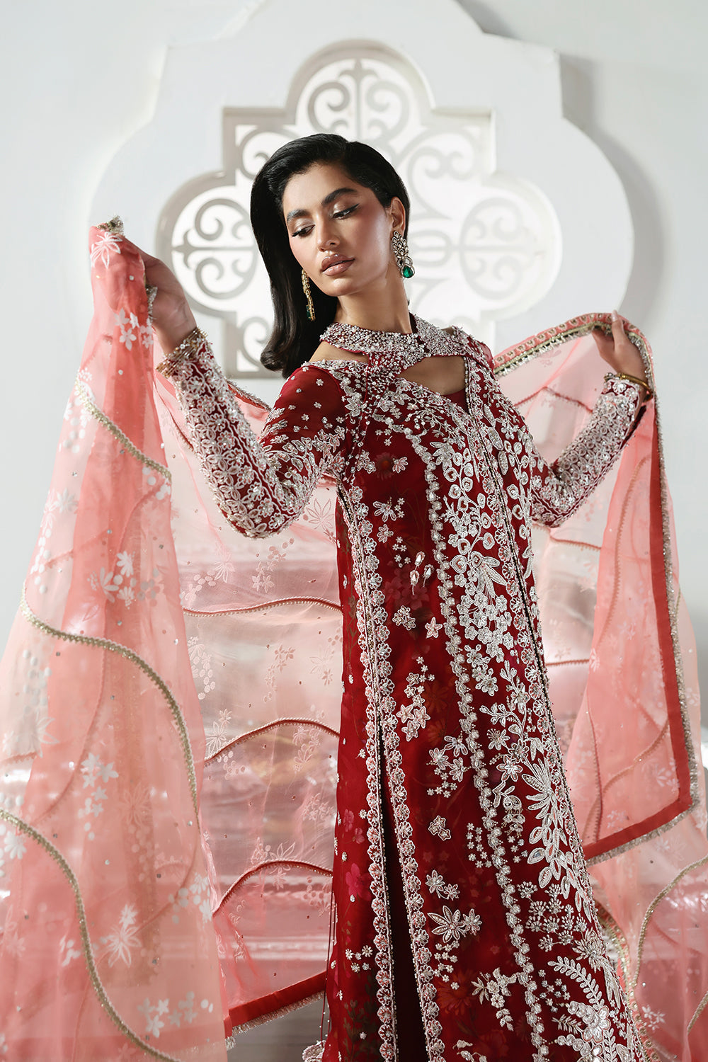Red floral embroidered formal ensemble