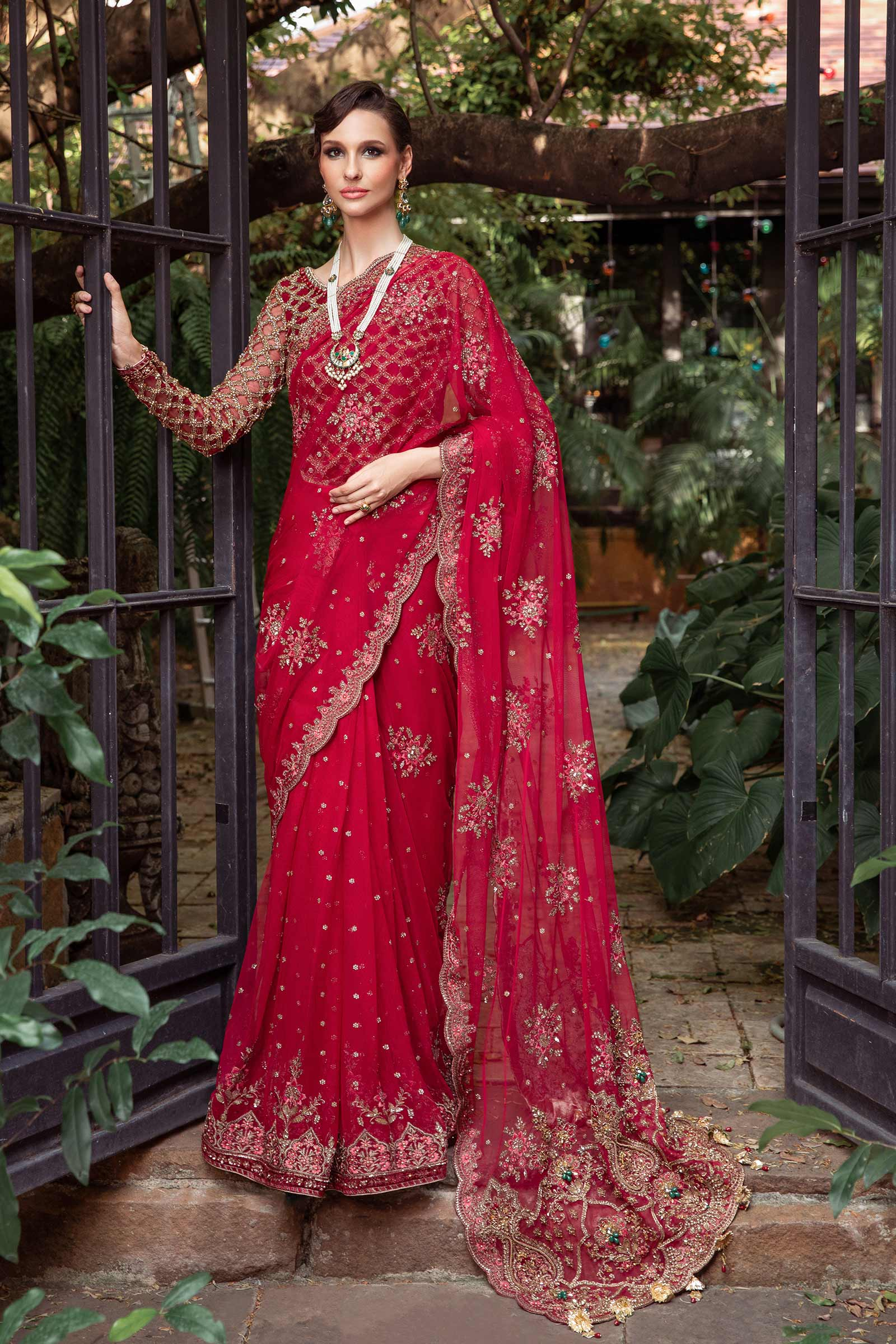 Red embroidered shirt with sheer embellished dupatta