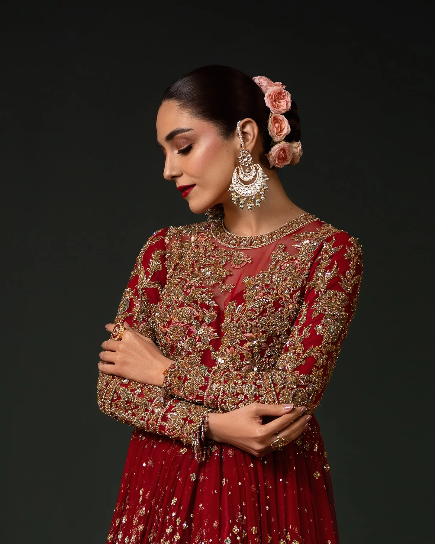 Red floral embroidered wedding outfit