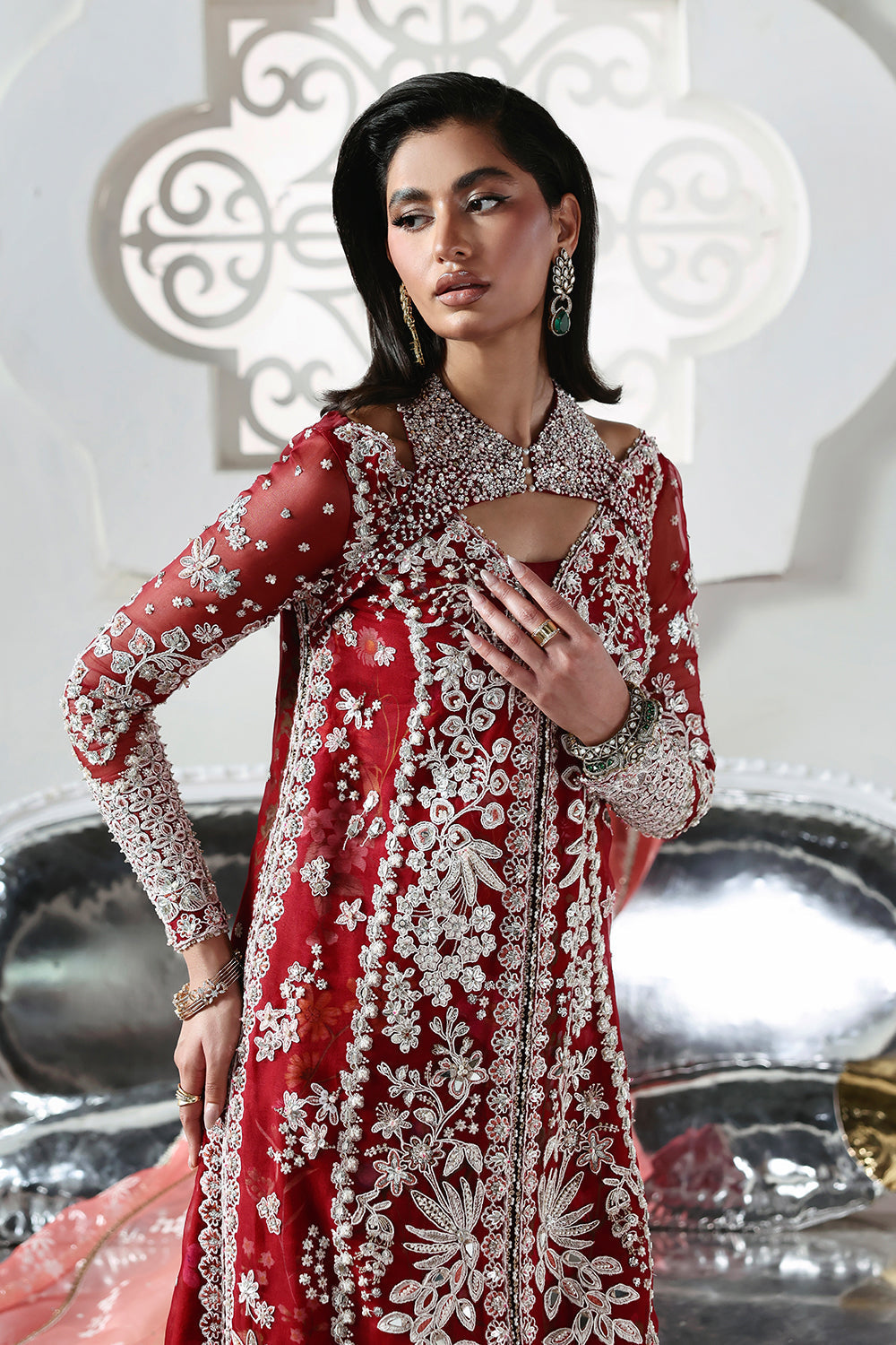 Red Pakistani wedding outfit with embroidered dupatta