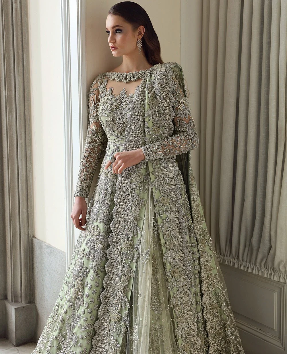 Pistachio green hand embellished Pakistani formal dress