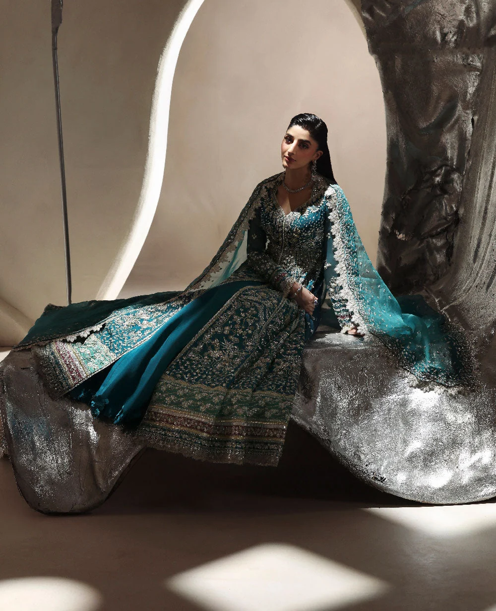 Teal blue embroidered Pakistani designer outfit