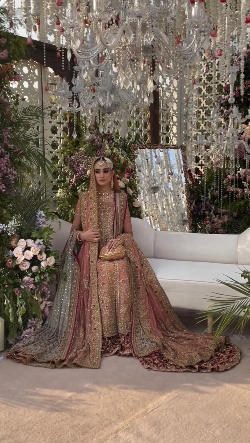 Rose peach gold floral embroidered bridal wear