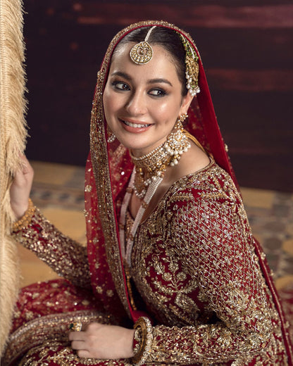 Crimson Pakistani bridal dress with embroidered shirt