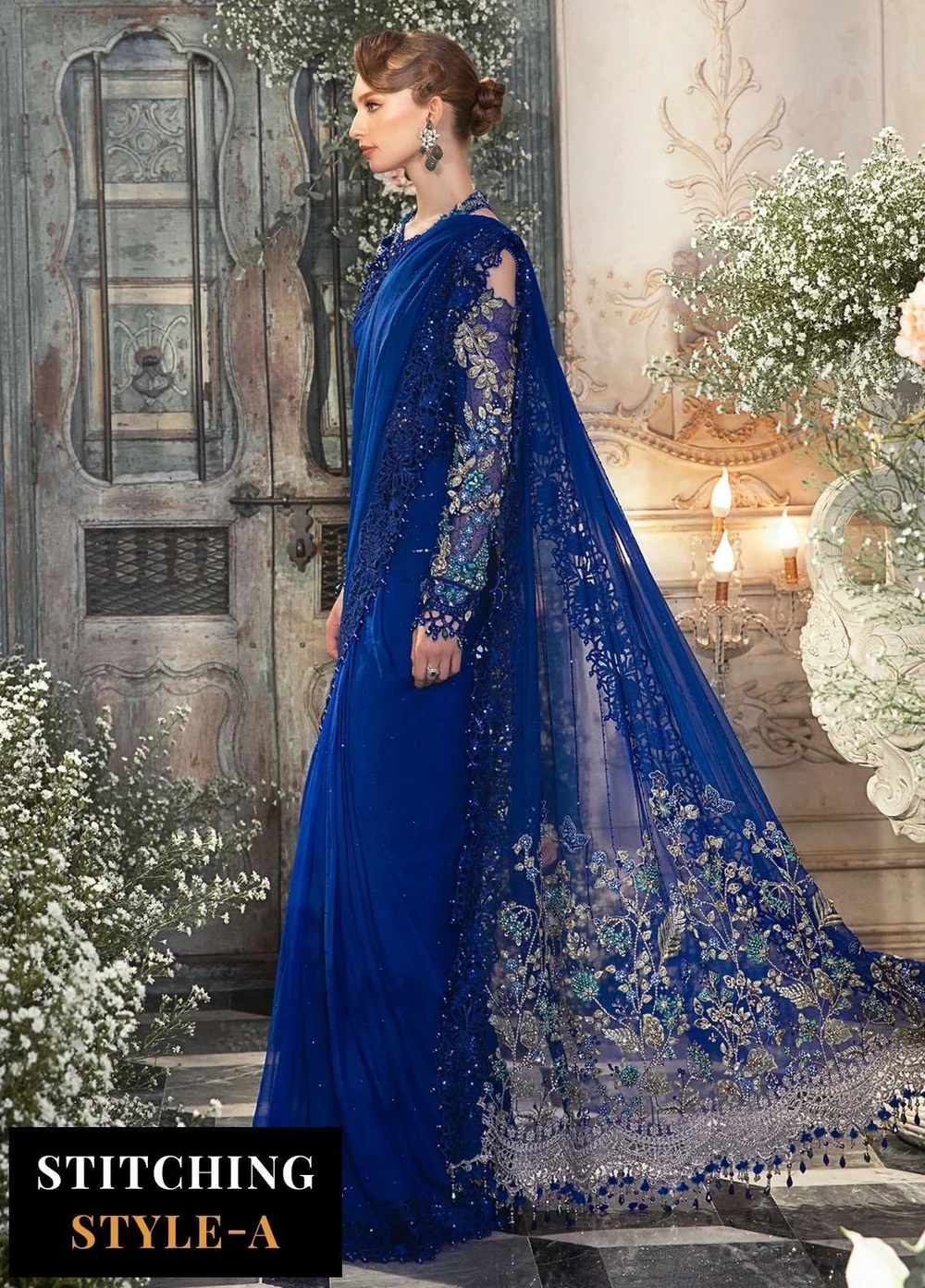 Blue chiffon blouse with hand embellished embroidery