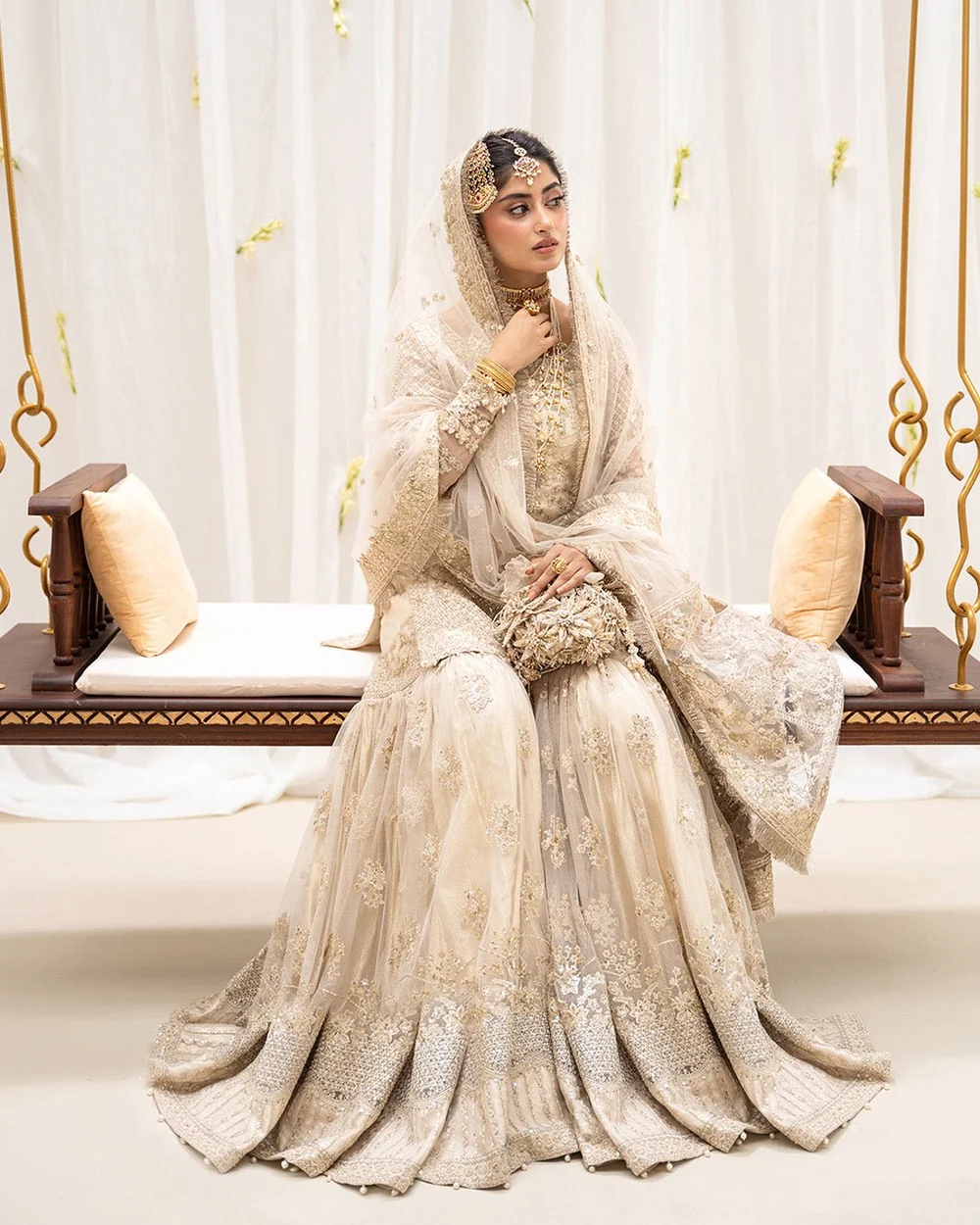 Ivory Pakistani embroidered shirt with garara