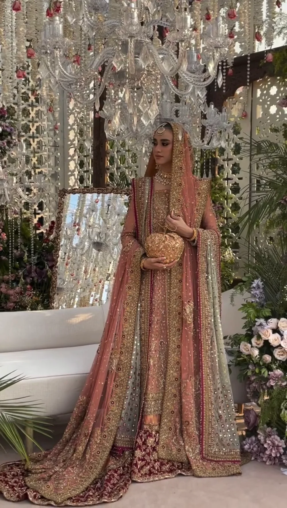Safeera bridal ensemble with two embroidered dupattas